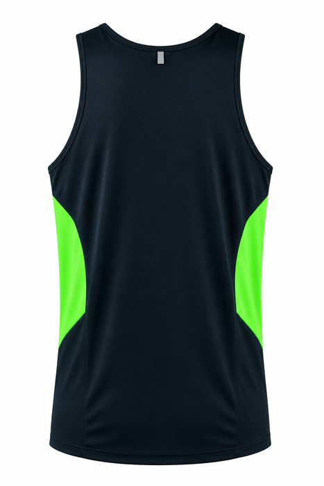 TASMAN MENS SINGLETS - NAVY/NEON GREEN