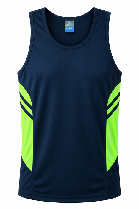 TASMAN MENS SINGLETS - NAVY/NEON GREEN