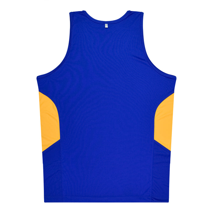 TASMAN MENS SINGLETS - ROYAL/GOLD - RUNOUT