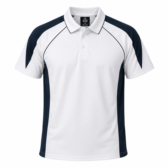 PREMIER MENS POLOS - WHITE/NAVY - RUNOUT